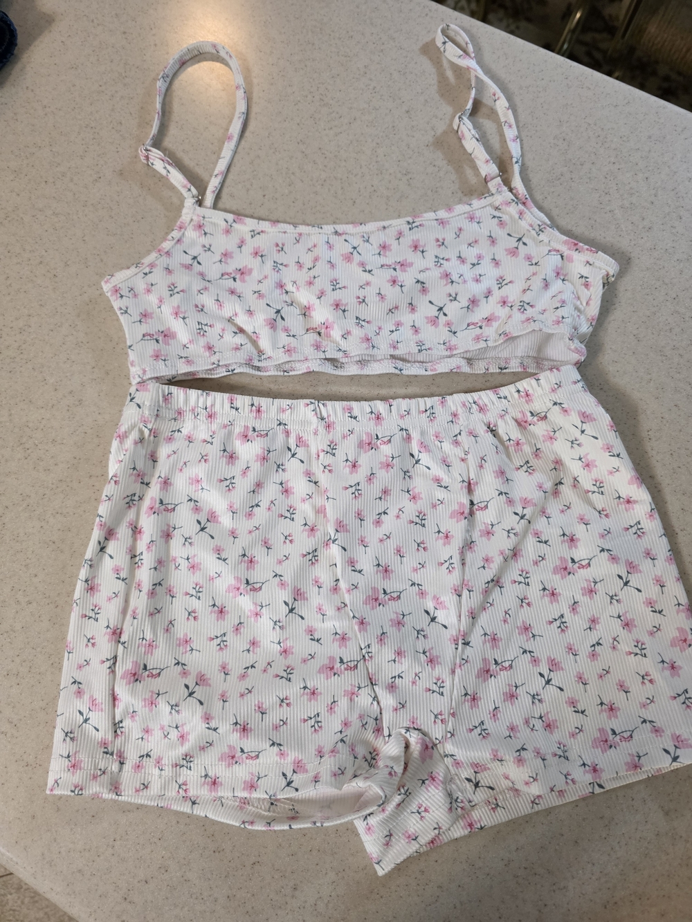 SHEIN White Floral Ribbed Cami & Short Sleep Set with Pink Blossoms
